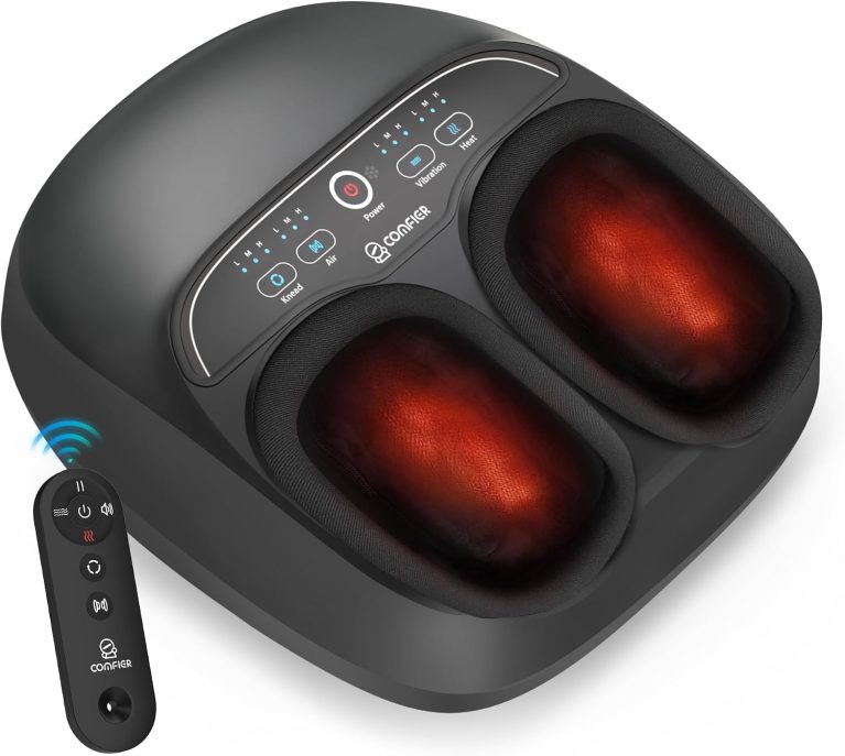 COMFIER Appareil de Massage Des Pieds, Massage Shiatsu des Pieds Avec Fonction de Chaleur, Pétrissage, Roulement et Compression d'air, Masseur de pieds électrique à 3 intensités, Jusqu'à la Pointure 46